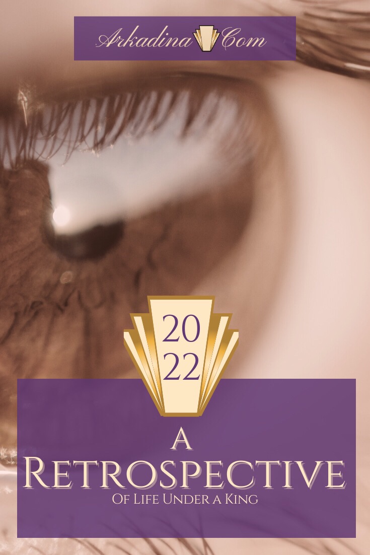 Arkadina.com Over a picture of an eye with text at the bottom saying 2022: A Retrospective of life under a king